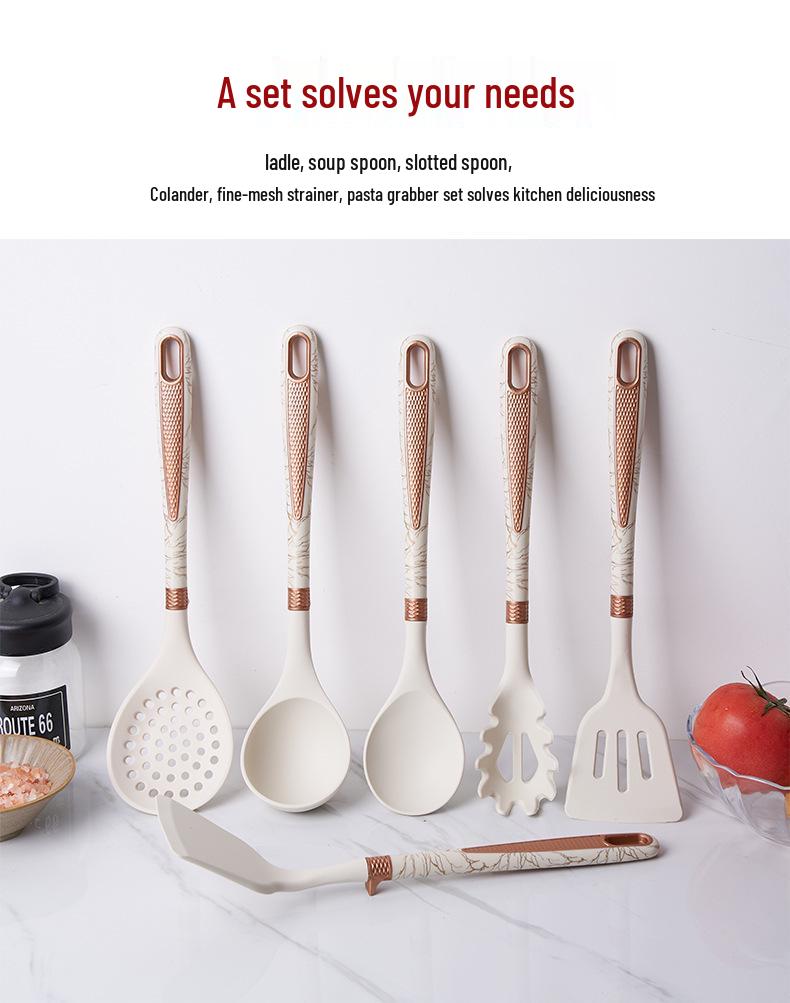 Silicone 7-Piece Kitchen Utensil Set with Storage Rack: Heat-Resistant, Non-Stick Spatula, Slotted Spoon, Ladle.