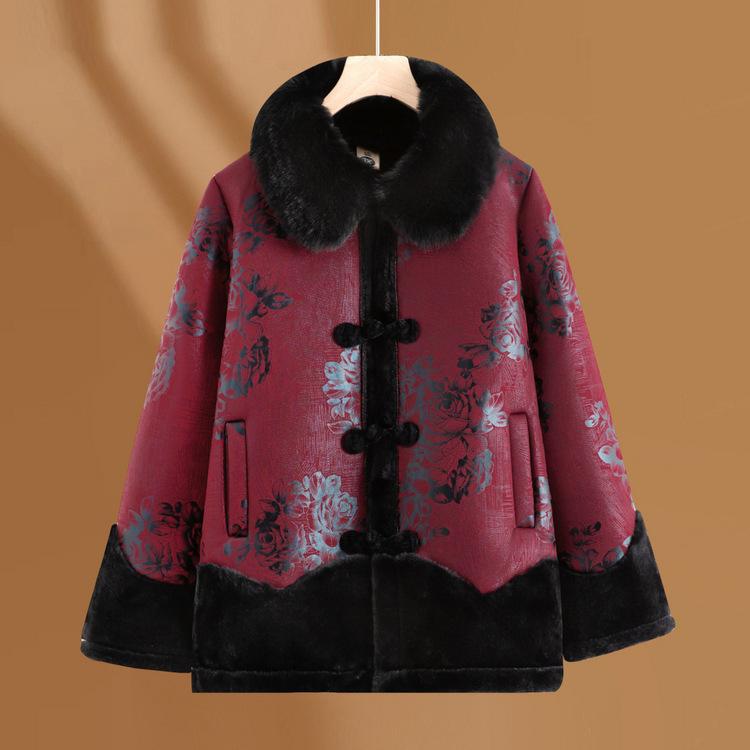 Mom Plus Velvet Leather Jacket Short Winter Thickened Cotton Jacket Middle-aged and Elderly Women Warm Tops Rich Wife Women Cotton Jacket