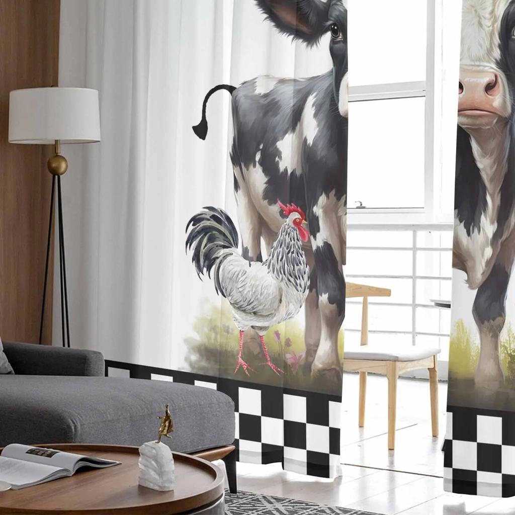 Bauernhof Plaid Kuh Hahn Gardinen für Wohnzimmer Küche Fenster Vorhänge Schlafzimmer Tüll Voile Vorhänge