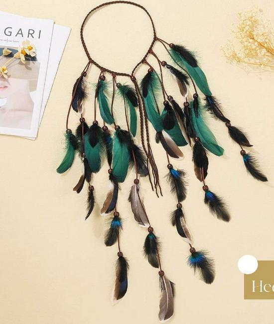 

Богемный цыганский головной убор с павлиньими перьями темно-зеленого