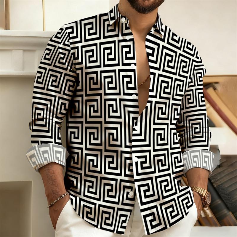 2026 New Men's Long-Sleeved Polo Shirt, Vintage Print Style with Greek Key Pattern, Elegant, Comfortable, and Stylish Men's Top