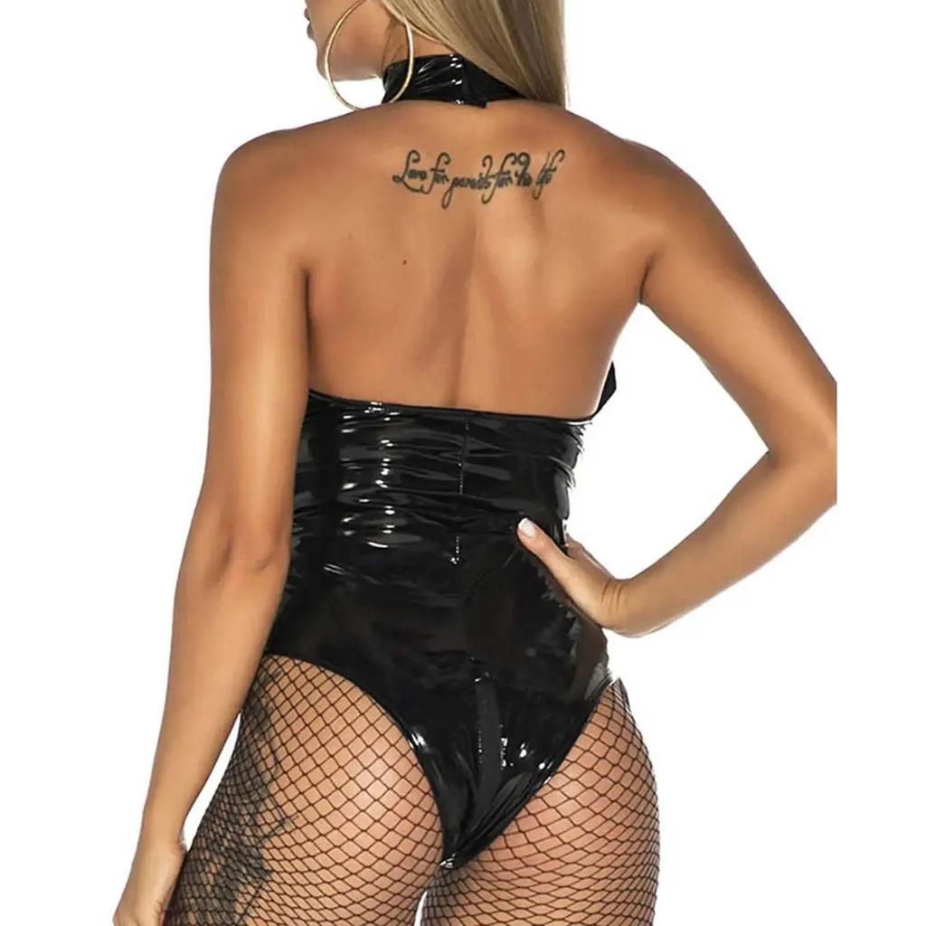 Women Pu Leather Bodysuit Sexy Underwear Sheer Mesh Jumpsuit Halter-Neck Lingerie Erotic Bdsm Leather Clothes Toys For Couple