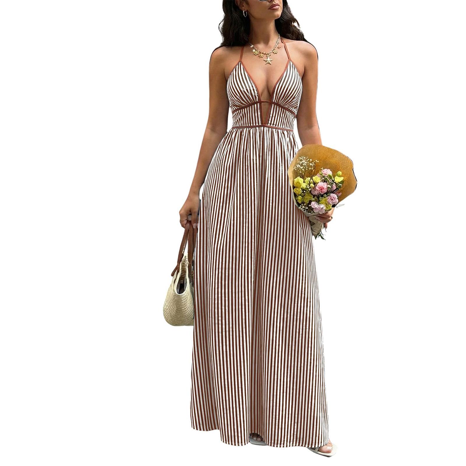 Ladies  Fashionable Temperament Versatile French Ruffle Edge V Deep V-neck Striped Backless Sleeveless Hanging Neck Long Skirt L кофейный