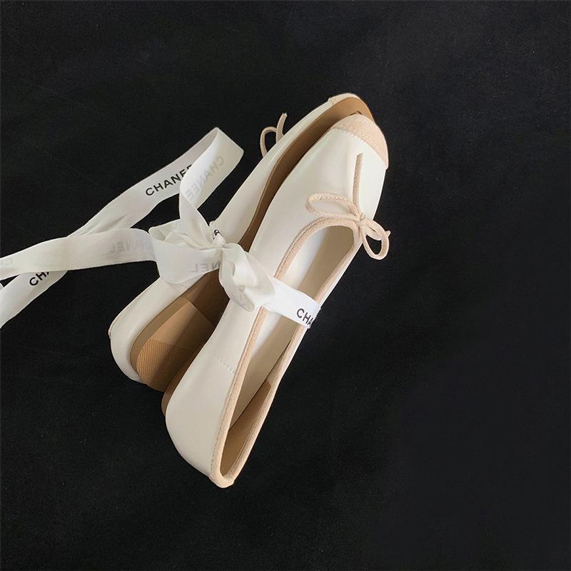 Flat Shoes Leather Ballet Shoes 2025 Summer New French Temperament Bow Color Matching Square Head Light Mouth Single Shoes Women