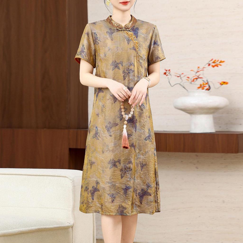 2026 Summer Chinese Style Cheongsam Dress: Women's Stand Collar Frog Button for Middle-aged Mothers