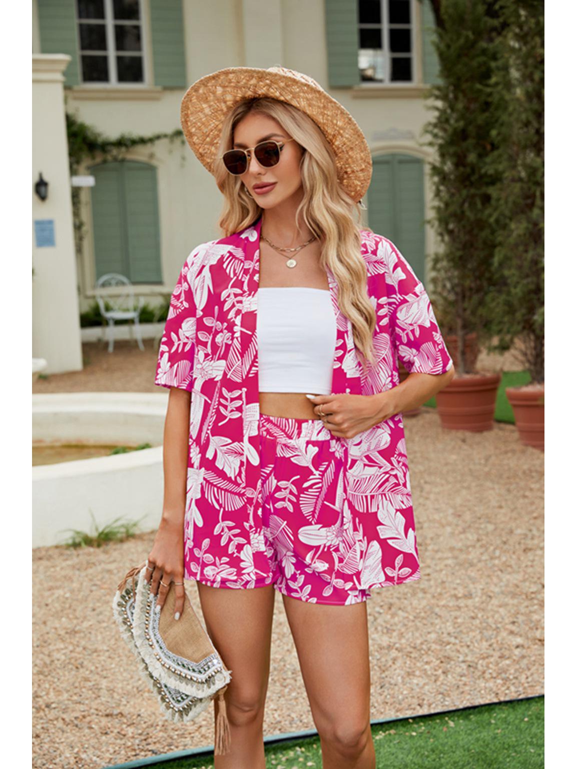 

Floral Print Short-Sleeved Top and Elastic Waist Shorts Set for Women (2025) XL