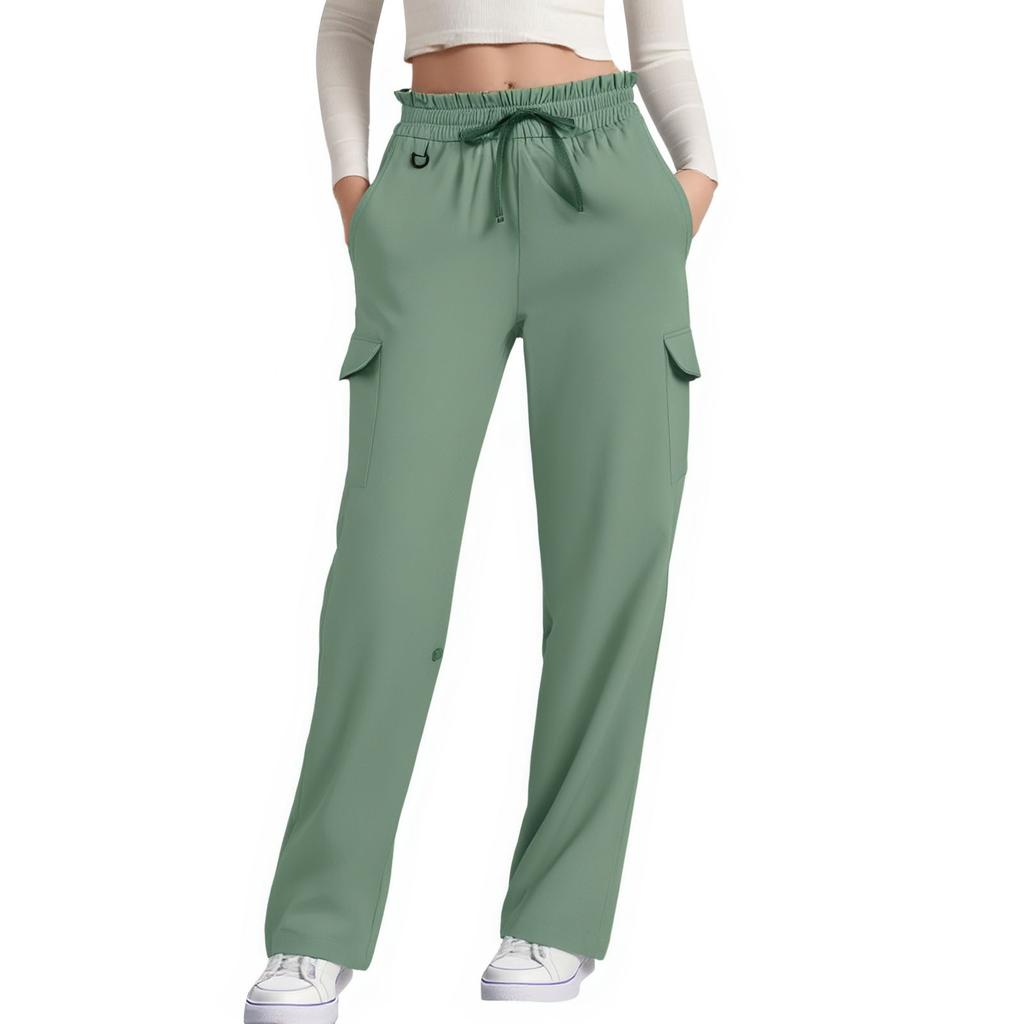 Women's Casual Fashion Solid Color Elastic Waist Drawstring Pocket Wide-Leg Straight-Cut Joggers