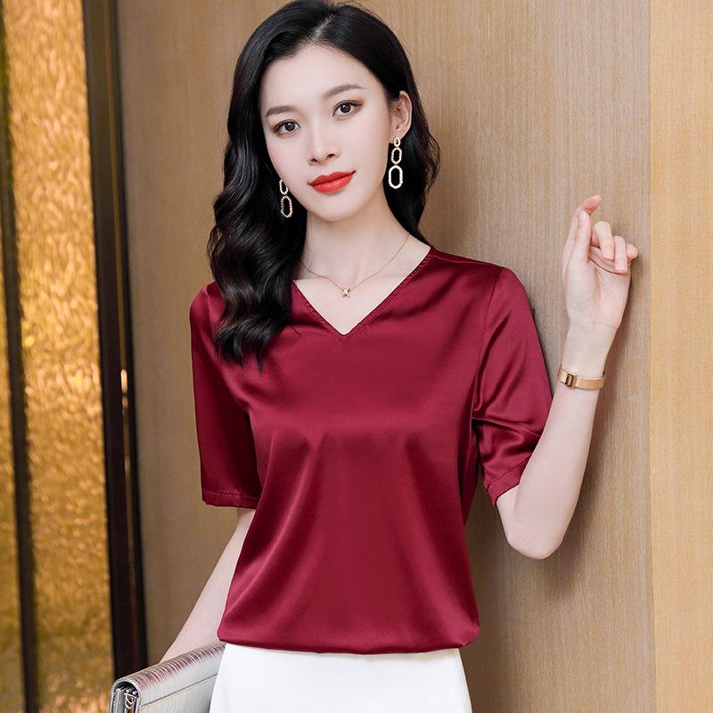 Women's Heavyweight Silk Short Sleeve Blouse - Summer Round Neck Loose Fit, Half Sleeve, Mulberry Silk