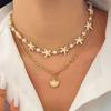 Bohemian Gold Color Starfish Pearl Beaded Choker Pearl Shell Pendant Double-layer Necklace for Women Beach Vacation Jewelry Gift
