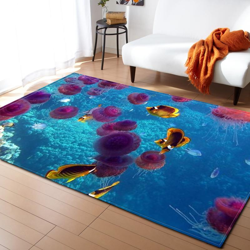 Ocean Corals Living Room Area Rug Fish 3D Carpets Boys Bedroom Play Rugs for Children Room Flannel Kitchen Mat Doormat Entrance