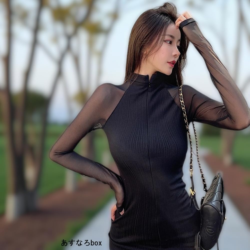 Asunaro Box Mini Tight Long See-Through Dress, Simple, Sexy, Sheer, Bodycon, Sleeves, Women's (Size S)