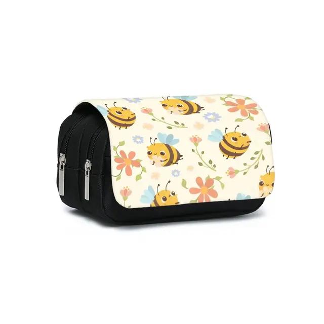 Süßes Bienen- & Blumenmuster Doppelklapp-Stiftetui Junge/Mädchen Bestes Geschenk 3D-Cartoon-Federmäppchen Für Schule, Büro, Kinder