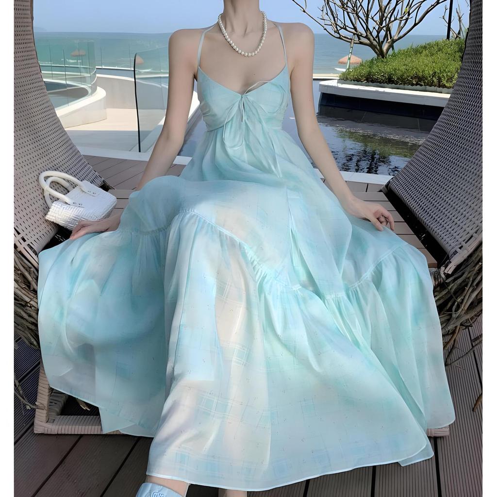 Französisches Neckholder-Kleid Foto weiblich Sommer hoher Sinn Temperament Strandurlaub Fee langes Kleid