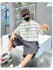 Boys' Summer Outfit Set 2026 New Item, Mid Size Children's Summer Boys' Thin Short Sleeved Children's Sports Striped Top, Trendy