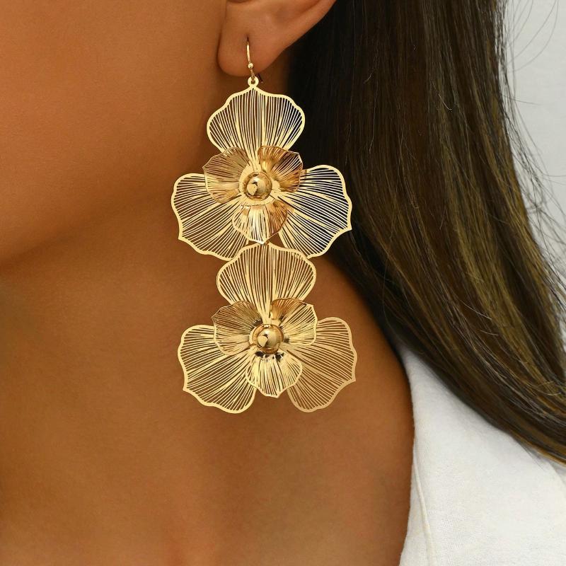 

1 пара Модных двухслойных серег-подвесок с цветочным узором, с преувеличенным дизайном, Длинные цветочные серьги для женщин, Подходят для повседневной носки золотой