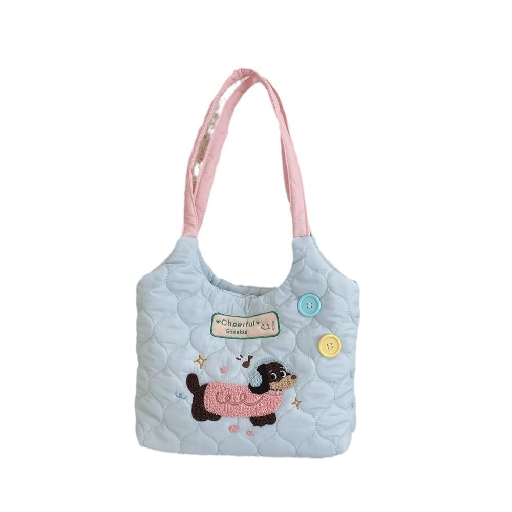 Trendy Street Style Student Tote Bag With Cute Embroidered Dog In Beautiful Hues