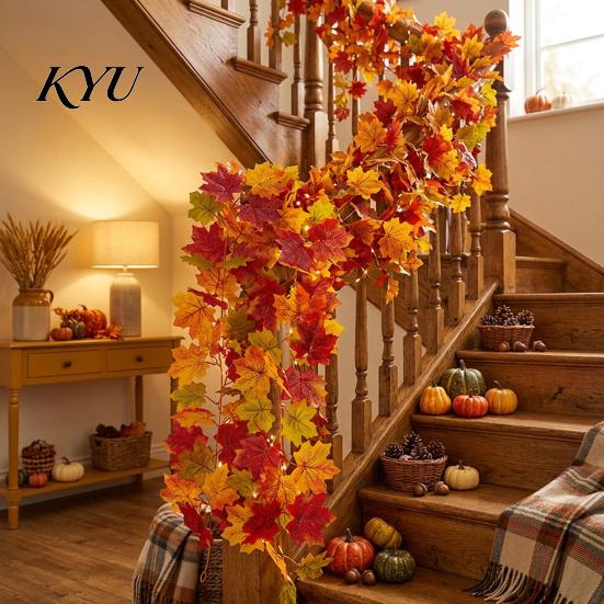 Thanksgiving Home Decor Artificial Fall Maple Leaf Garland, Autumn Foliage Hanging Vine, Harvest Party Decorations Reusable for Fireplace Staircase