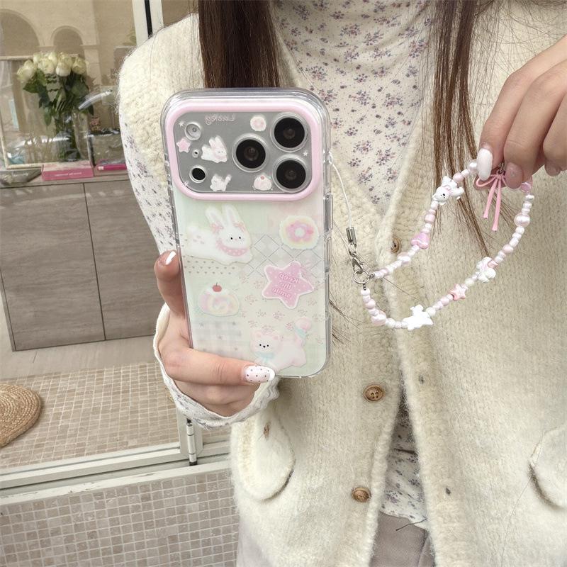 Girly Heart and Flower Patchwork Rabbit Puppy Phone Case for iPhone 17/16 Pro Max/15 Pro.