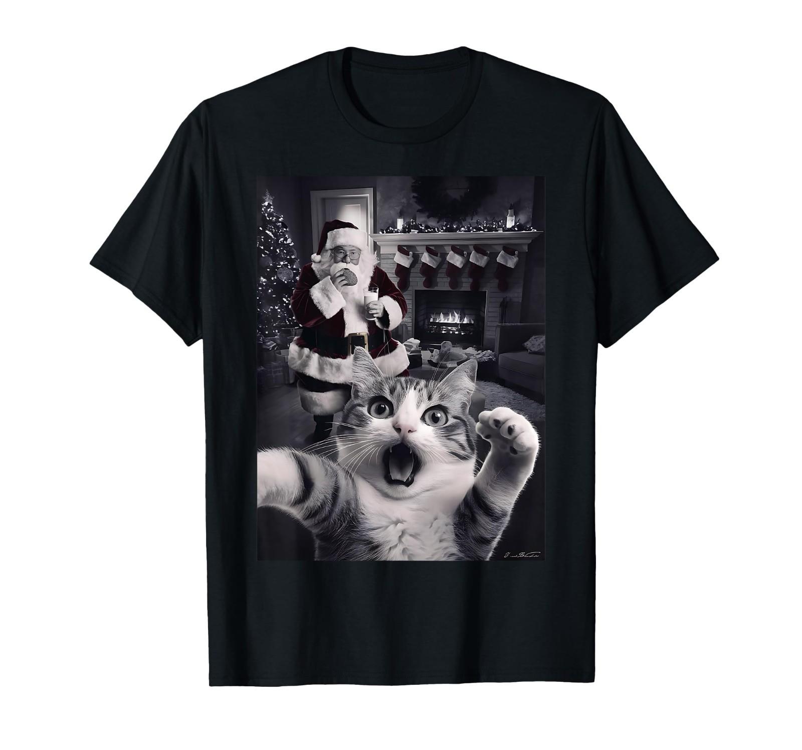 Funny Cat Selfie With Santa Christmas T-Shirt S-5XL Q8631 L