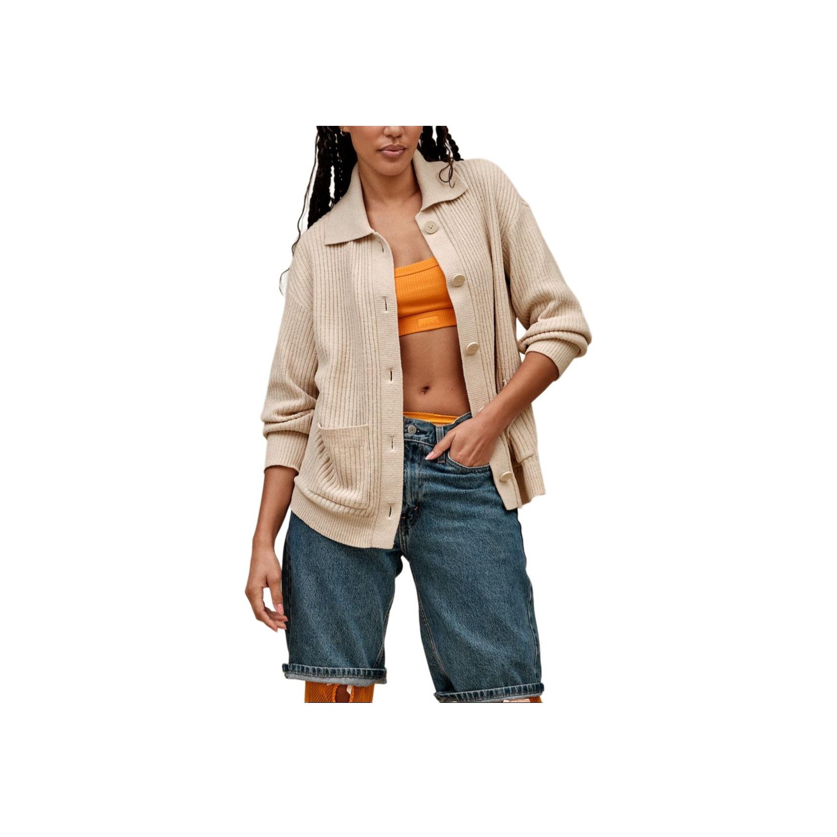 

UGG Solid Color Lapel Drop Shoulder Long Sleeve Knit Sweater Women sweater Beige 1169890-SAN S