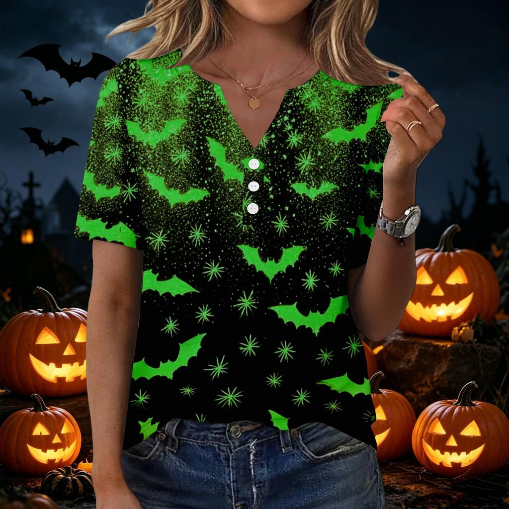 Women's Halloween Printed Loose Fit V Neck Short Sleeve Top with Pocket Casual Blouse for Seasonal Wear and Everyday Comfort