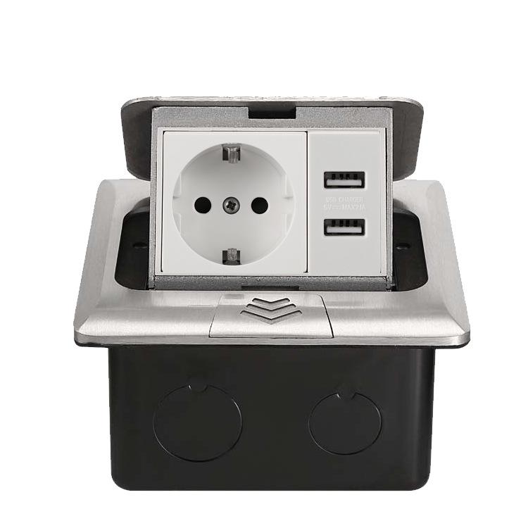 German Standard Pop-up Floor Socket with USB, EU & UK Compatibility - Silver