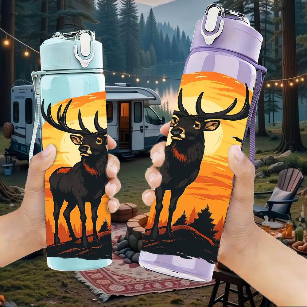 1PC Sunset Elk Pattern 750ml Color Plastic Sports Water Bottle Leakproof Flip Straw Lid Suitable for Sports Office Home Use