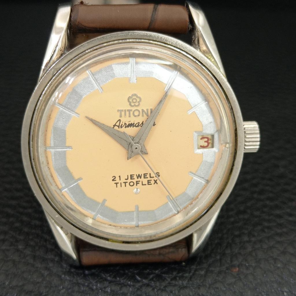 TITONI AIRMASTER TITOFLEX VINTAGE HAND-WINDING SWISS MENS BEIGE WATCH a705144-1