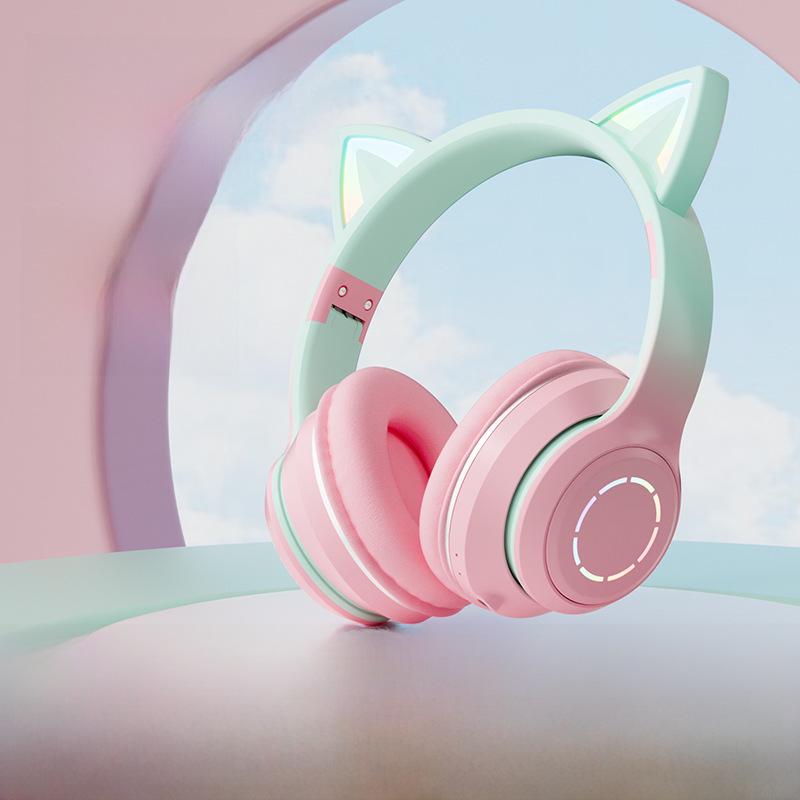 Világító színátmenetes macskafüles Bluetooth fejhallgató online órákhoz és játékhoz - univerzális ajándék kiadás
