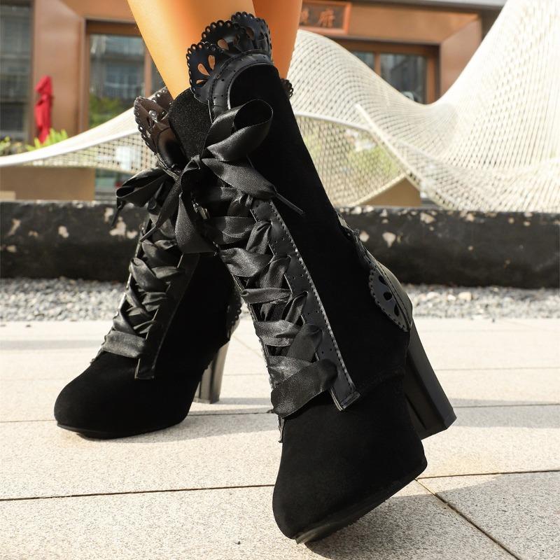 Women's Wide Width Lace-Up Boots, Lace Trim Western Ankle Boots, Chunky Heel Wholesale Booties for Women