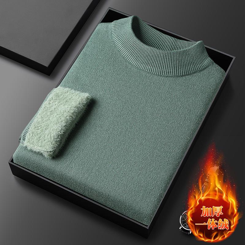 Popular Men's Autumn and Winter Integrated Fleece Semi-turtleneck Sweater Pullover Solid Color Knitted Sweater Men's Fleece Guarantee