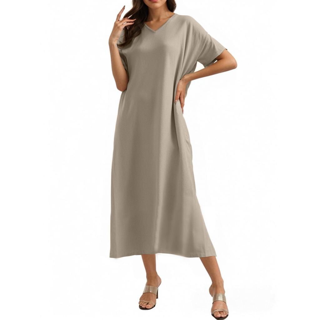 Fashion Women's Solid Color V-neck Long Dress Loose