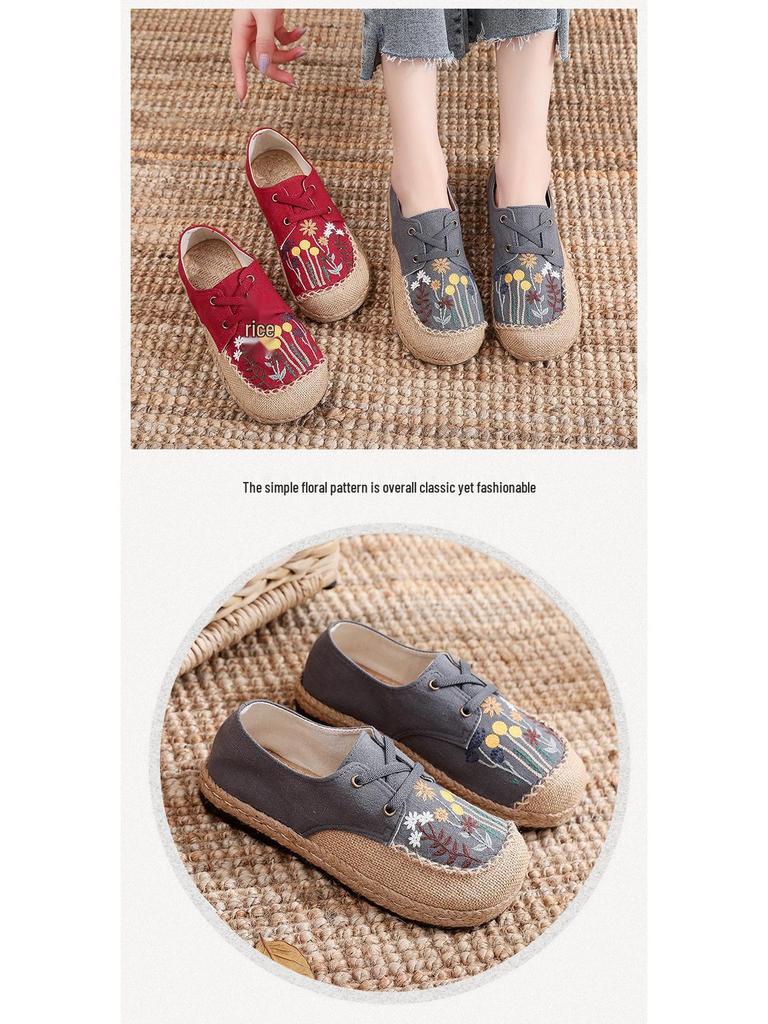 2025 Damskie lniane buty sznurowane w stylu etnicznym z haftem dmuchawca i ręcznie szytą cholewką