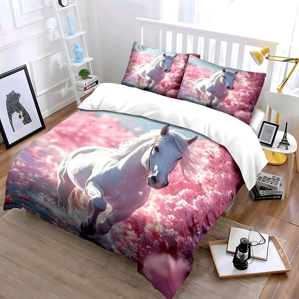 White Horse Sakura Scene Decor Soft Comfortable Duvet Cover Bedding Set Included 1*Duvet Cover & 2*Pillowcases gift