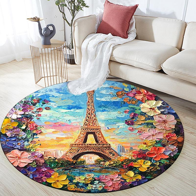 Eiffel Tower Paris Round Area Rug,Carpet Rug for Living Room Bedroom Sofa Playroom Decor,Non-slip Floor Mat