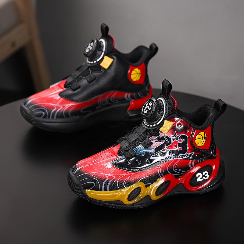 

2025 Autumn Boys Leather Breathable Rotating Button Non-Slip Sneakers 37 чёрный/красный