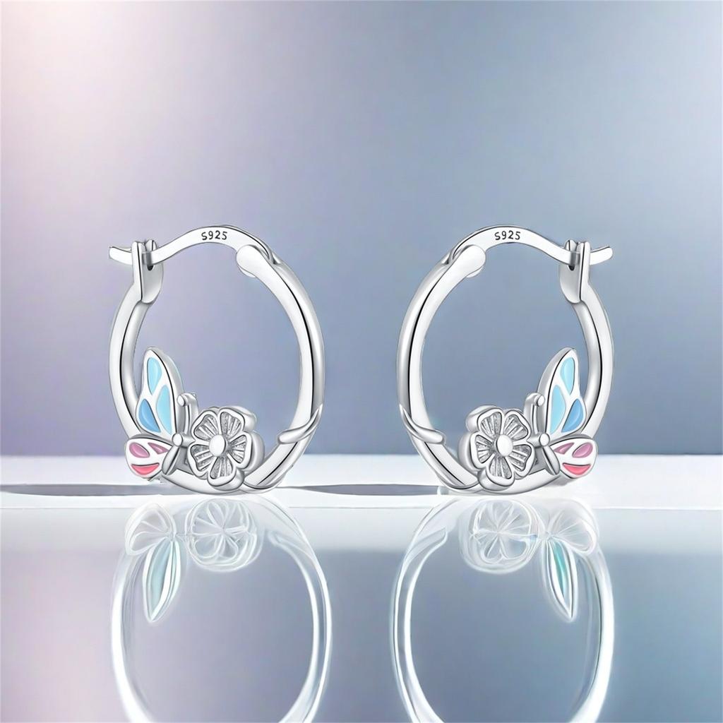 S925 Silver Flower Butterfly Earrings Hoop Earrings Women Jewelry Trendy Anniversary Gifts