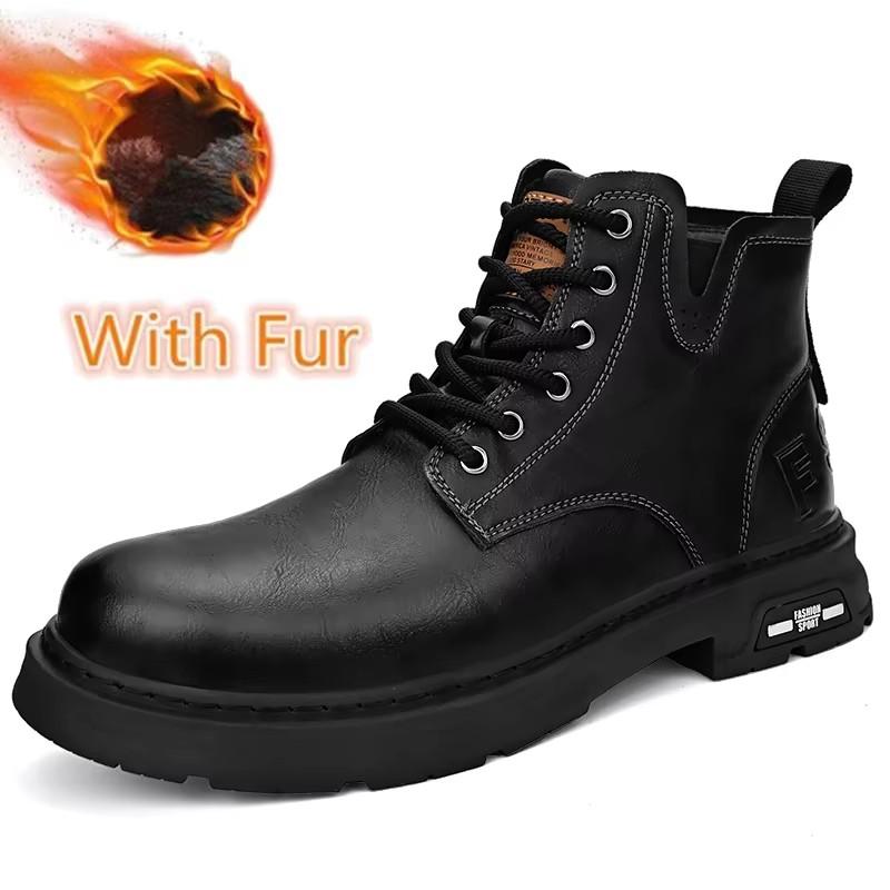 Fashion Warm Plush Fur Winter Boots High Top Male Motocross Boots New Fashion Mens Leather Shoes Motorcycle Ankle Boots for Men