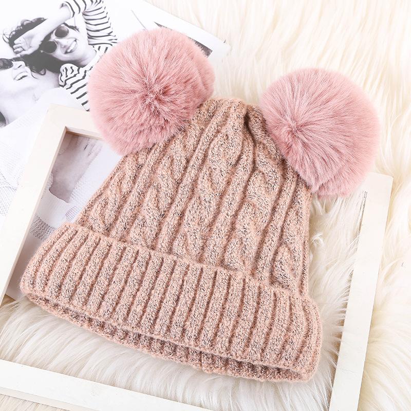 Winter Double Fur Ball Woolen Hat for Women Korean Style Solid Color Cute Fashionable Cold Proof Hat Warm Knitted Hat