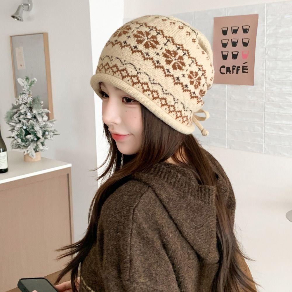 Thick Knit Knit Beanie Fair Isle Pattern Beanie Vintage Warm Hat  Autumn Winter