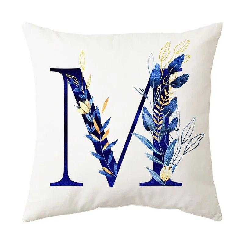 Blue Plant Alphabet Print Pattern Cushion Cover Home Living Room Sofa Decoration Square Throw Pillow Pillow Cover 45x45cm