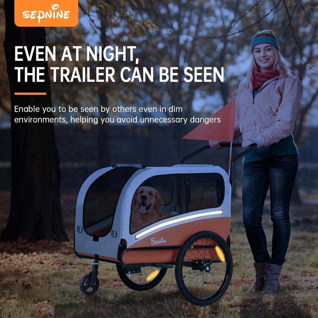 Sepnine 2-in-1 Dog Bike Trailer Stroller,Foldable Dog Cart with Quick Release Wheels,110lbs Capacity,Non-Slip Floor