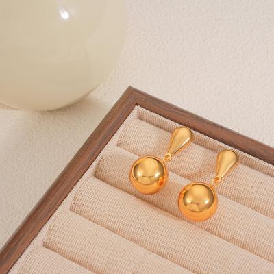 French 18K Gold Drop & Round Ball Stud Earrings - Elegant & Luxurious Design
