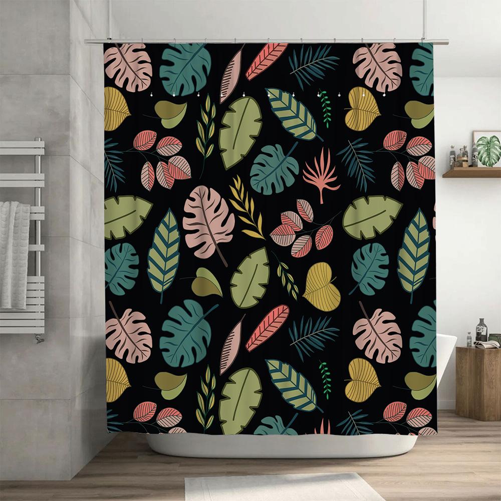 Summer Leaves Shower Curtain Bath Decor Greenery Print For Bathroom Waterproof Fabric Black Background With Multi-Color Leaf Des