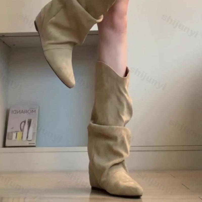 Women's Boots Pointed Toe Mid Calf 2026 Autumn New Fashion Chelsea Boots Height-increasing Insoles Retro Gothic Mujer Botas