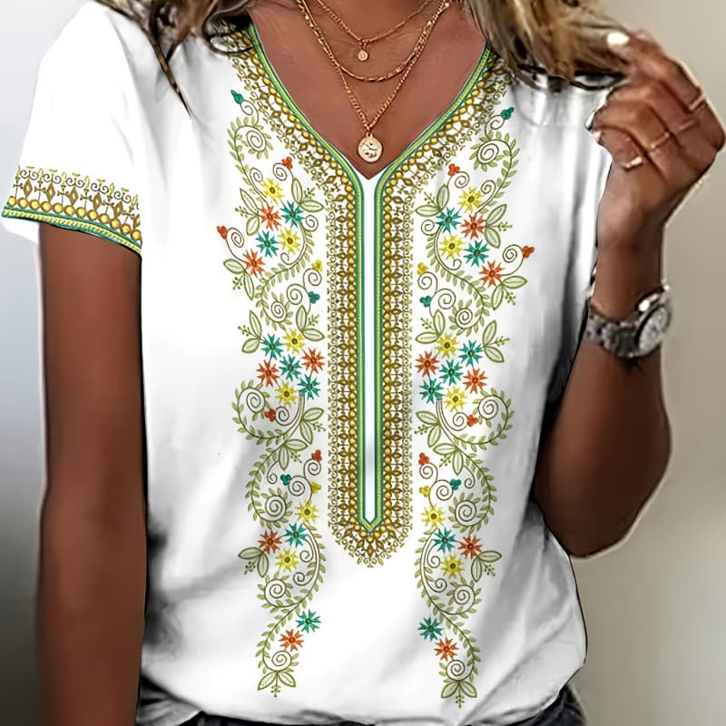 

Flower and leaf print V-neck women s short-sleeved T-shirt 5XL
