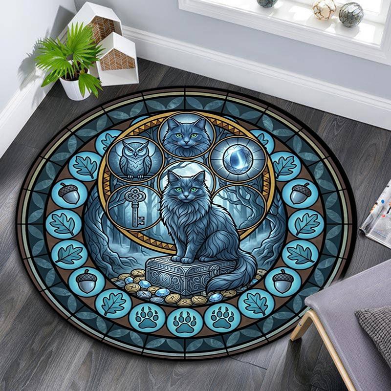 Glass Cat Mandala Round Area Rug Under Office Chairs Bedroom Living Room Home Decor