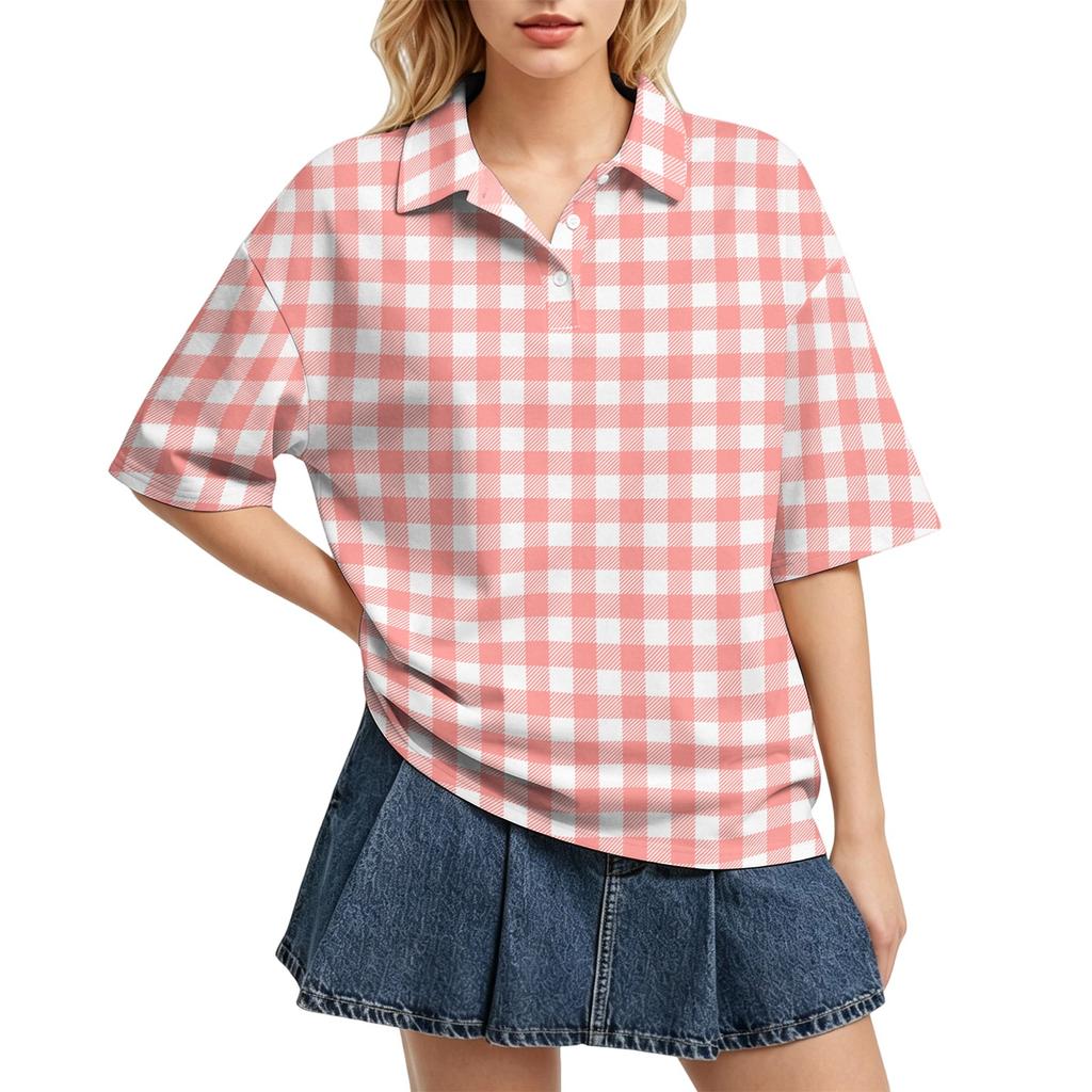 Women Casual Polo Shirt Loose Fit Short Sleeve Button Down Collar Checkered Pattern Lightweight Top for Daily Wear