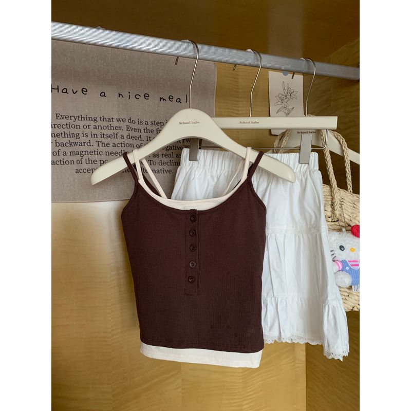 Kumikumi Pure Desire Style Contrast Color Fake Two-Piece Button Cami Women Summer Slim fit Slimming With Chest Pad Top