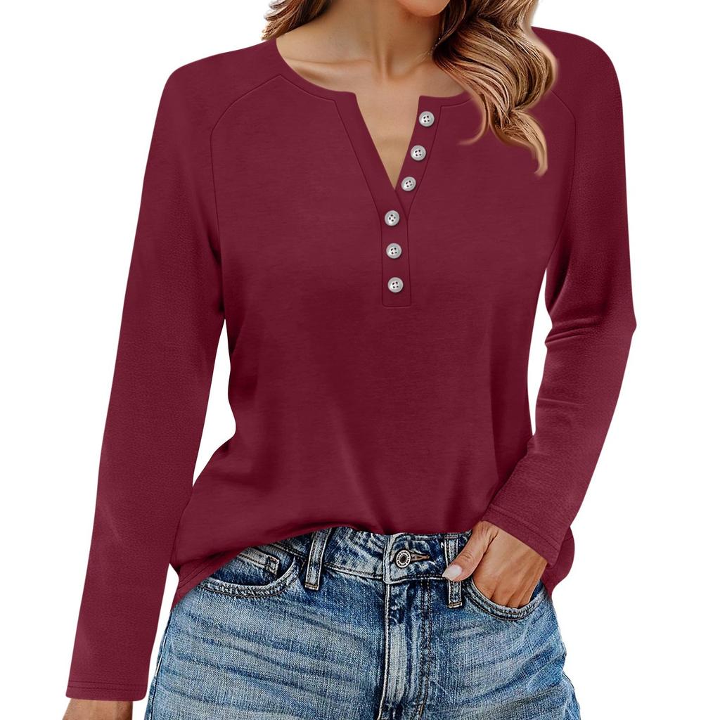 Women's T Shirt Solid Color Button Long Sleeve Daily Weekend Fashion Basic V- Neck Regular Top